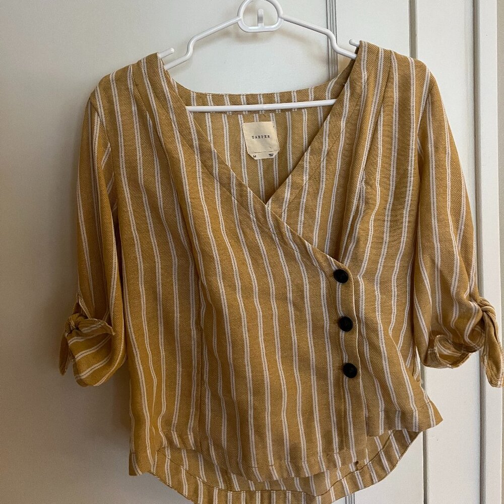 Mustard and white striped blouse with button details